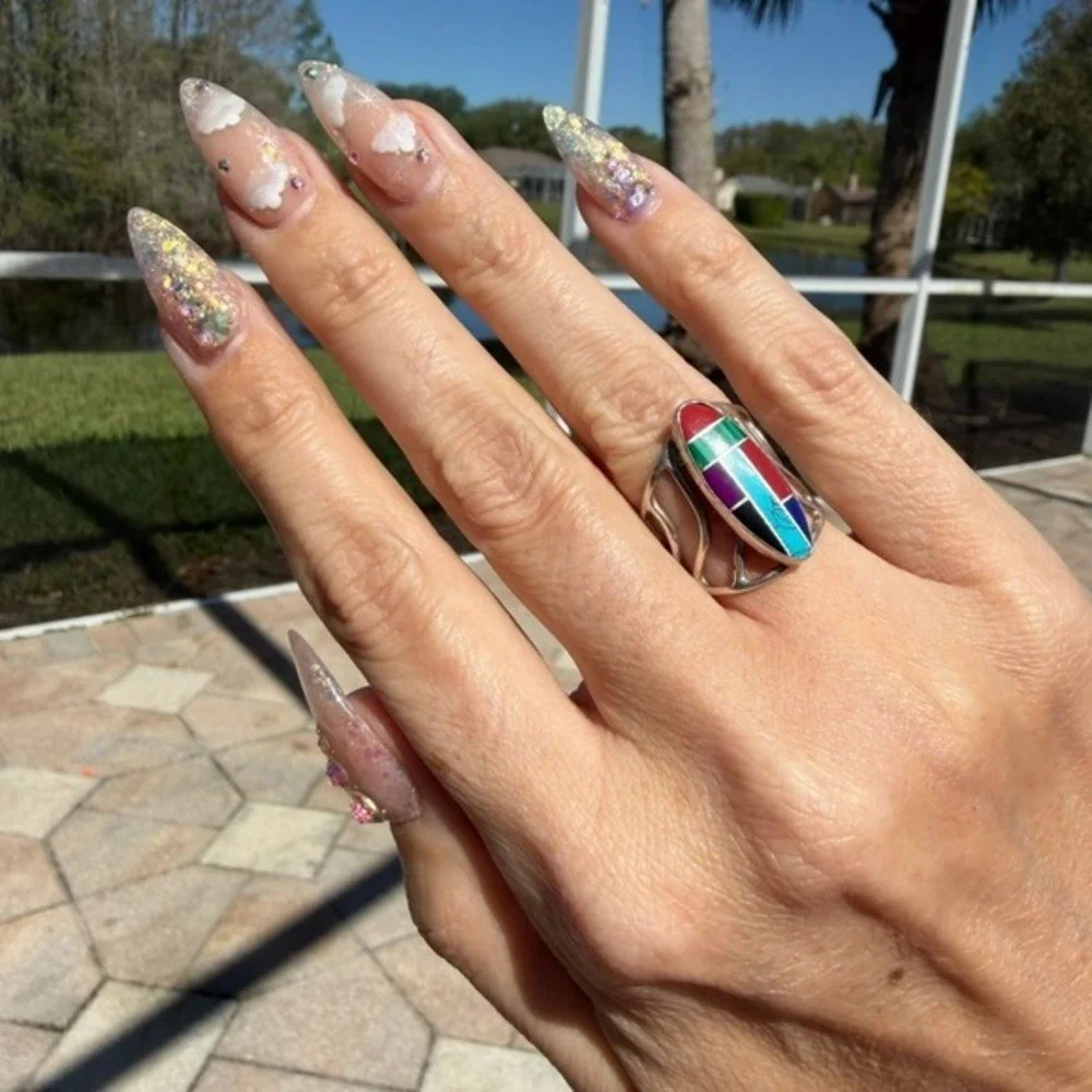 Sterling Silver Southwestern‎ Multi Gemstone Inlay Statement Ring Size 5.5